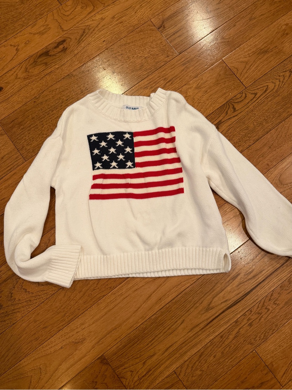 Old Navy White Crewneck Sweater with Red and Blue Flag Motif
